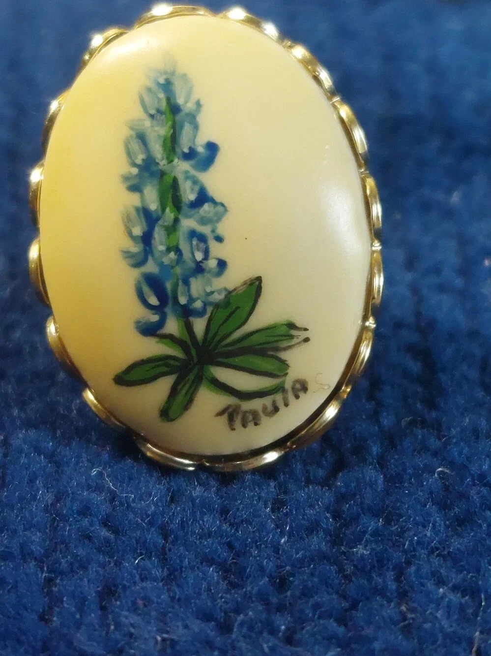 Vintage Signed Paula Hand-Painted Procelain Texas Bluebonnet Tie Tack